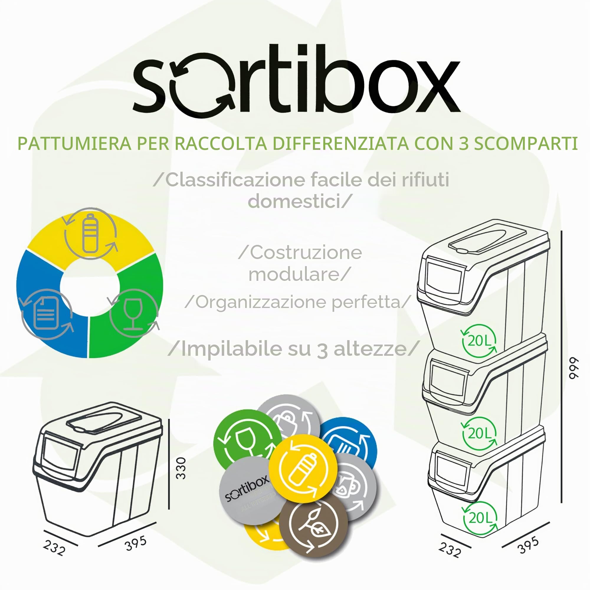 Sortibox set di 4 bidoni della spazzatura (80 litri 4x25L) cestino cestino raccolta rifiuti separatore collettore cestino rifiuti organici (bianco)