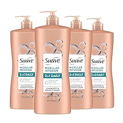 Suave 2 in 1 Shampoo and Conditioner with Micellar Infusion, cleansing and conditoning For All Hair Types, 28 oz Pack of 4