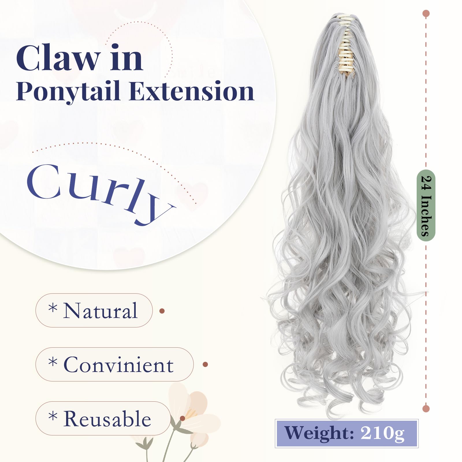 TESS 24'' Curly Ponytail Extensions, 210g Claw in Long Ponytail, Hair Pieces for Women Silver Grey, 24 Inch (curly) - Image 2