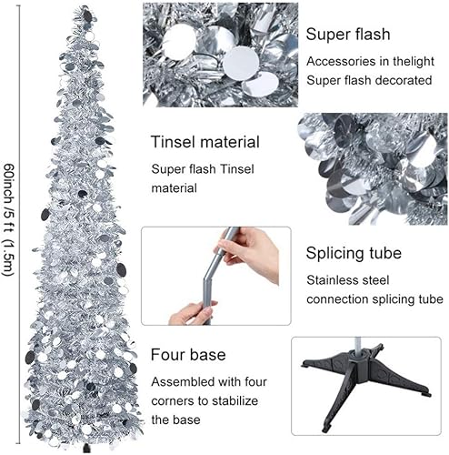 Miniatura 4 de Peyan Árbol de Navidad de oropel de 5 pies, árbol de Navidad plegable con soporte, árbol de Navidad dorado y rojo y plateado con purpurina para el