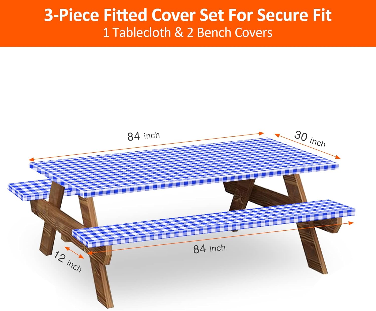 KENOBEE 7ft Picnic Table and Bench Cover, Camping Essentials RV Gear, 84 in Waterproof Windproof Outdoor Elastic All Around Tablecloth, Fitted Rectangle Tables and Seats, Blue-White Checkered