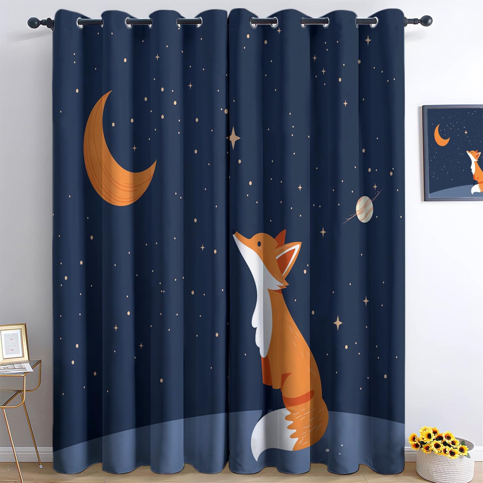 Wärmeisoliert Abdunkelnd LichtundurchlässigVorhänge Blau, Cartoon Fuchs Sternenhimmel Blickdicht Thermovorhang aus Polyester Privatsphäre Schützende Gardinen für Wohnzimmer, 214 x 183 cm