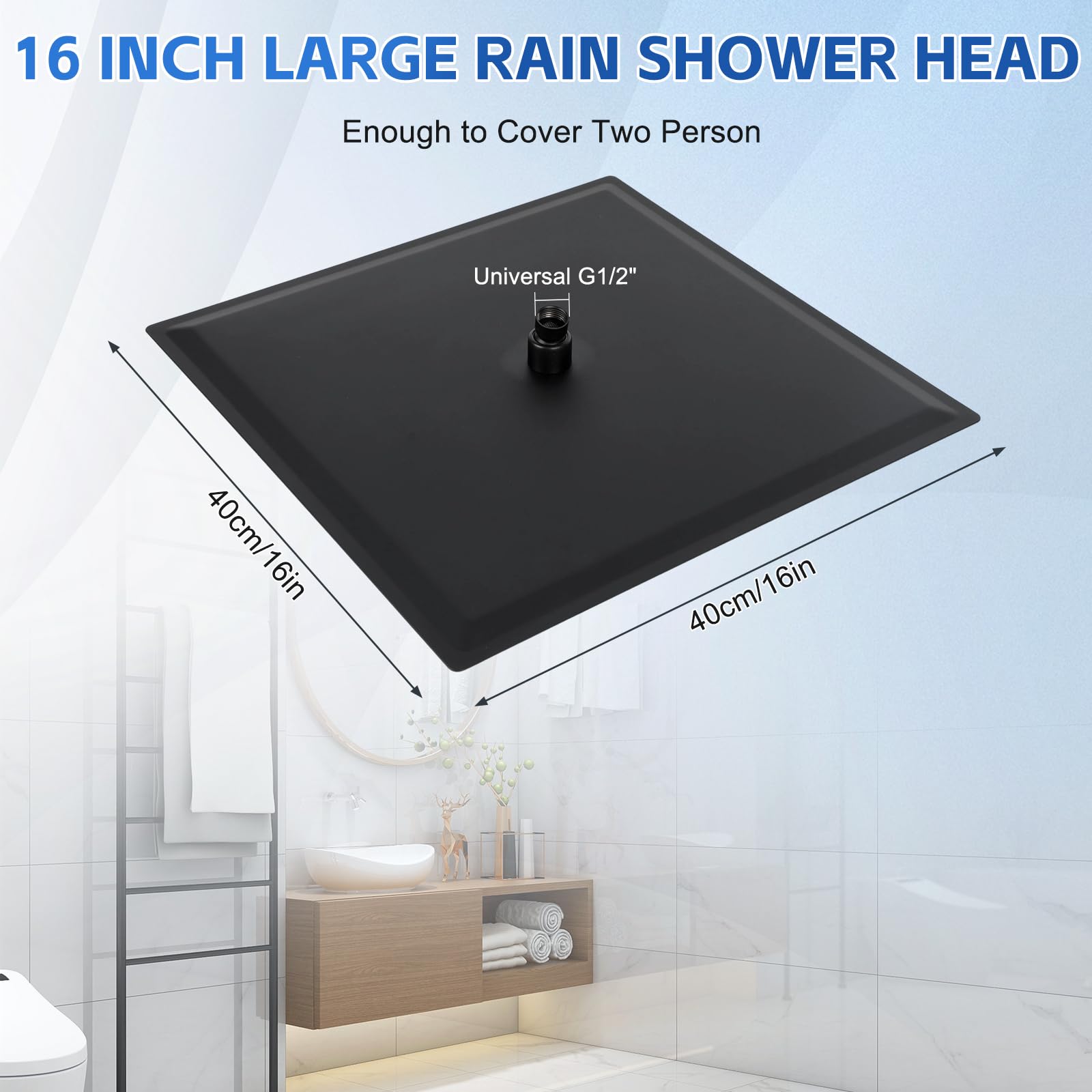 Alcachofa de ducha de 40 cm, grande, acero inoxidable 304, ahorro de agua, con boquillas antical 324, ajustable a 360°, cabezal de ducha de lluvia de 16 pulgadas, rectangular (negro)