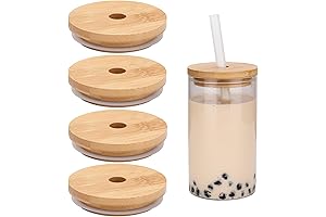 Bamboo Lids 4 Pack with Straw Hole Compatible with Ball and Kerr...