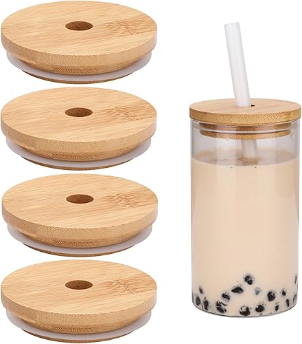 Paquete de 4 tapas de bambú reutilizables para frascos BallKerr Mason de boca ancha con agujero para pajilla, tapas para vasos para beber (tarros y