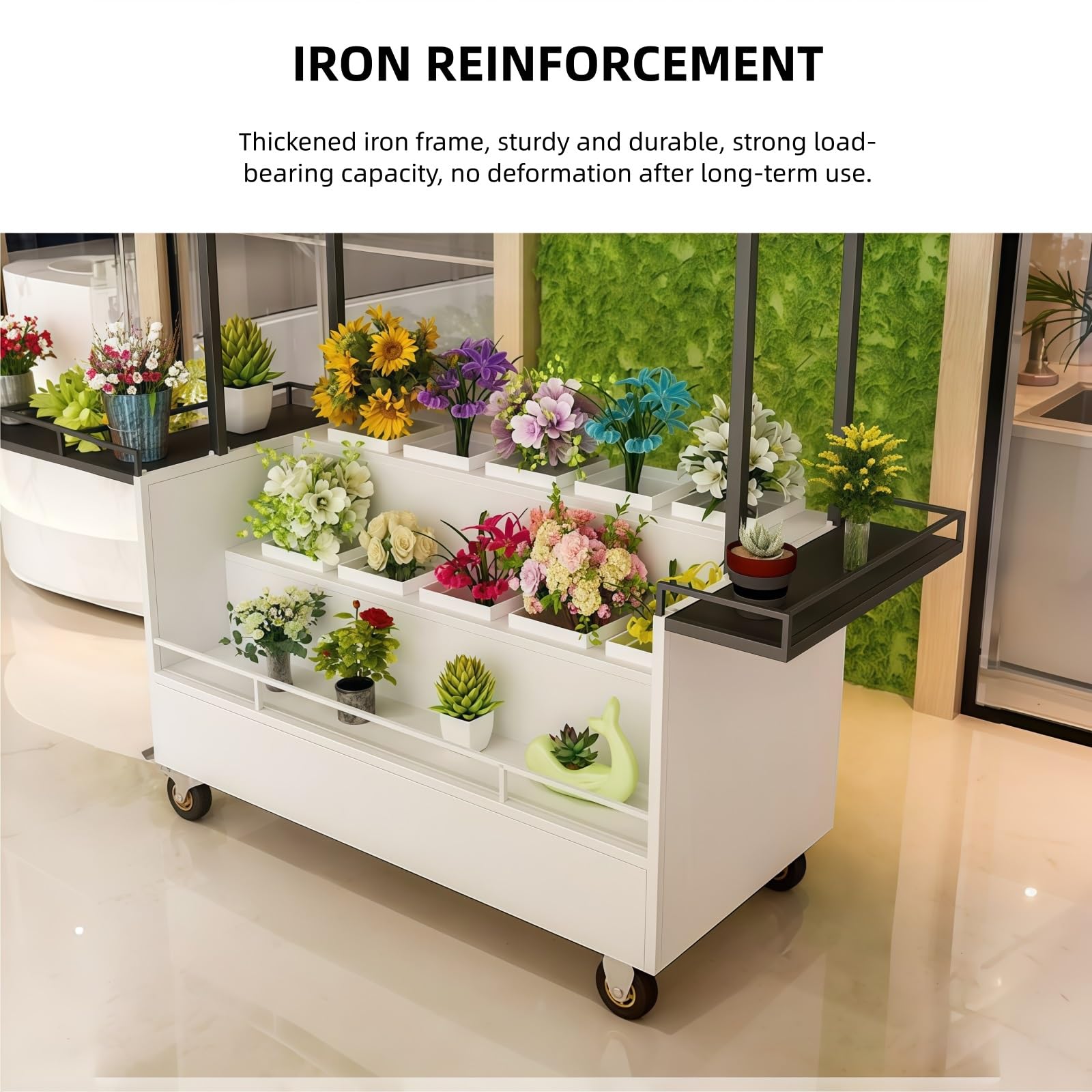 Blumen Verkaufswagen, Multifunktionaler Mobiler Imbisswagen for Marktstände und Außen Pop-up Geschäftsevents(Yellow)