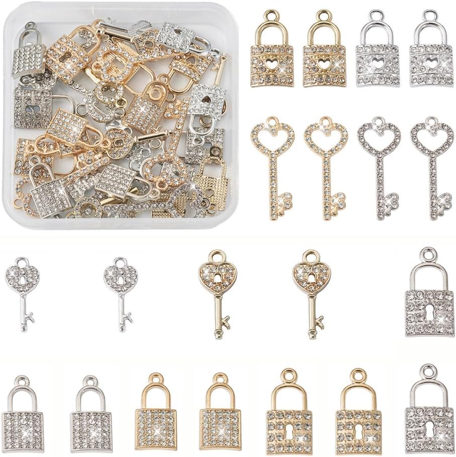 KISSITTY 40Pcs/box 10 Style Alloy Padlock & Skeleton Key Charm Pendants Skeleton Small Key & Lock Crystal Rhinestone Jewelry Charm Ornaments for Earring Bracelet Necklace Jewelry Making