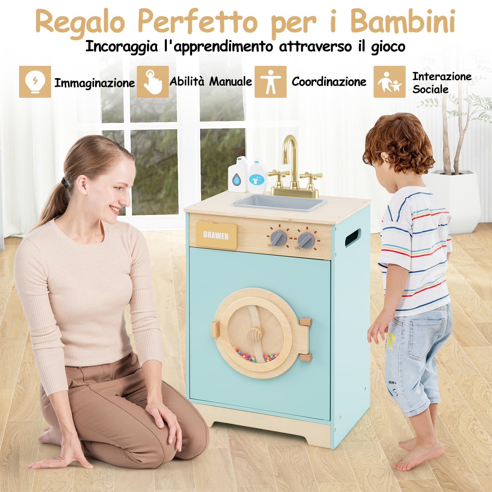 COSTWAY Set di Gioco Lavatrice per Bambini, Giocattolo Lavatrice con Detersivo e Igienizzante per le Mani, Set in Legno con Lavabo, Cassetto e Ruota Rotante, Regalo per Bambini dai 3+ Anni