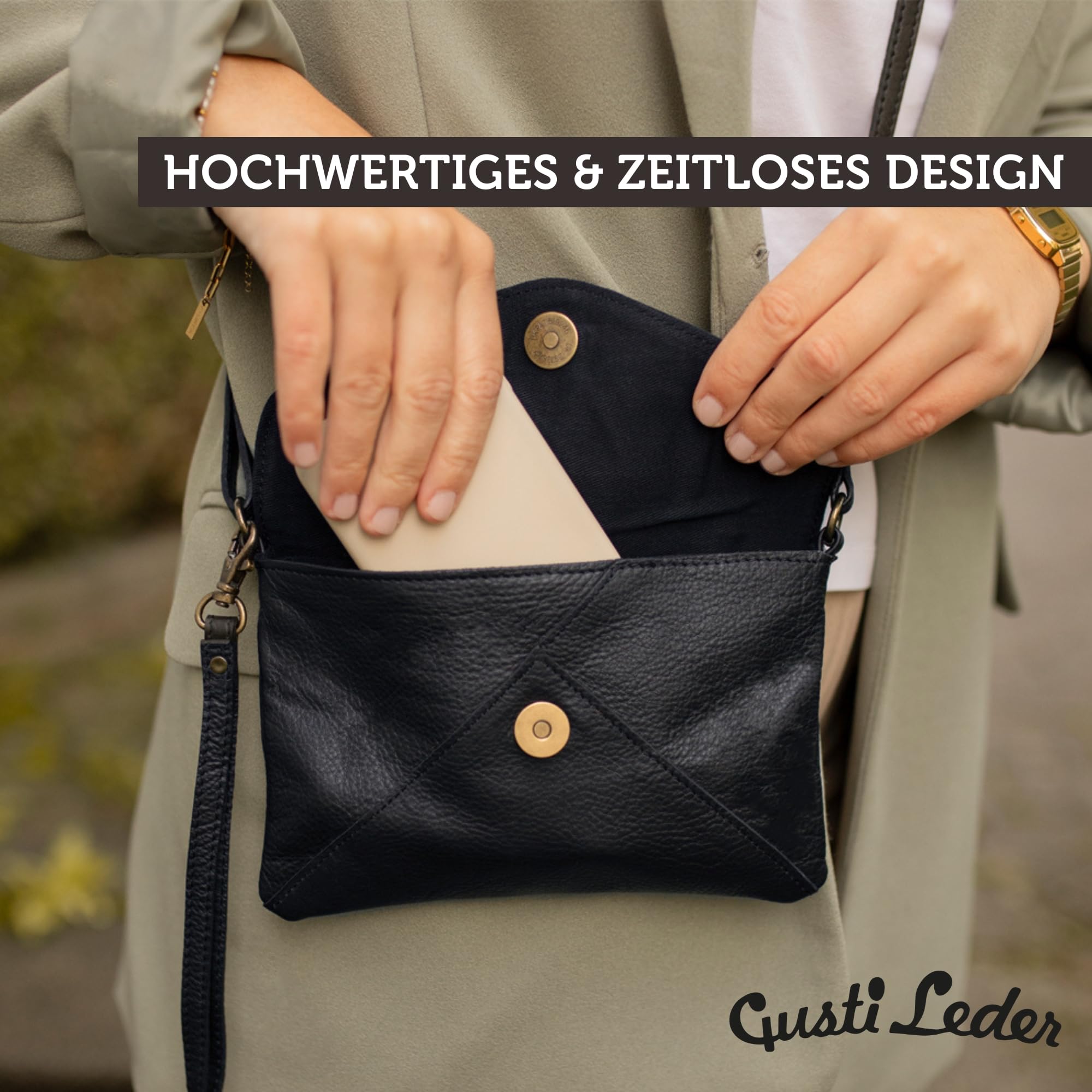 Gusti Leder Umhängetasche Karisma – Vintage-Chic aus echtem Leder, kompakt & stilvoll | Briefform mit Magnetverschluss | Verstellbarer Riemen