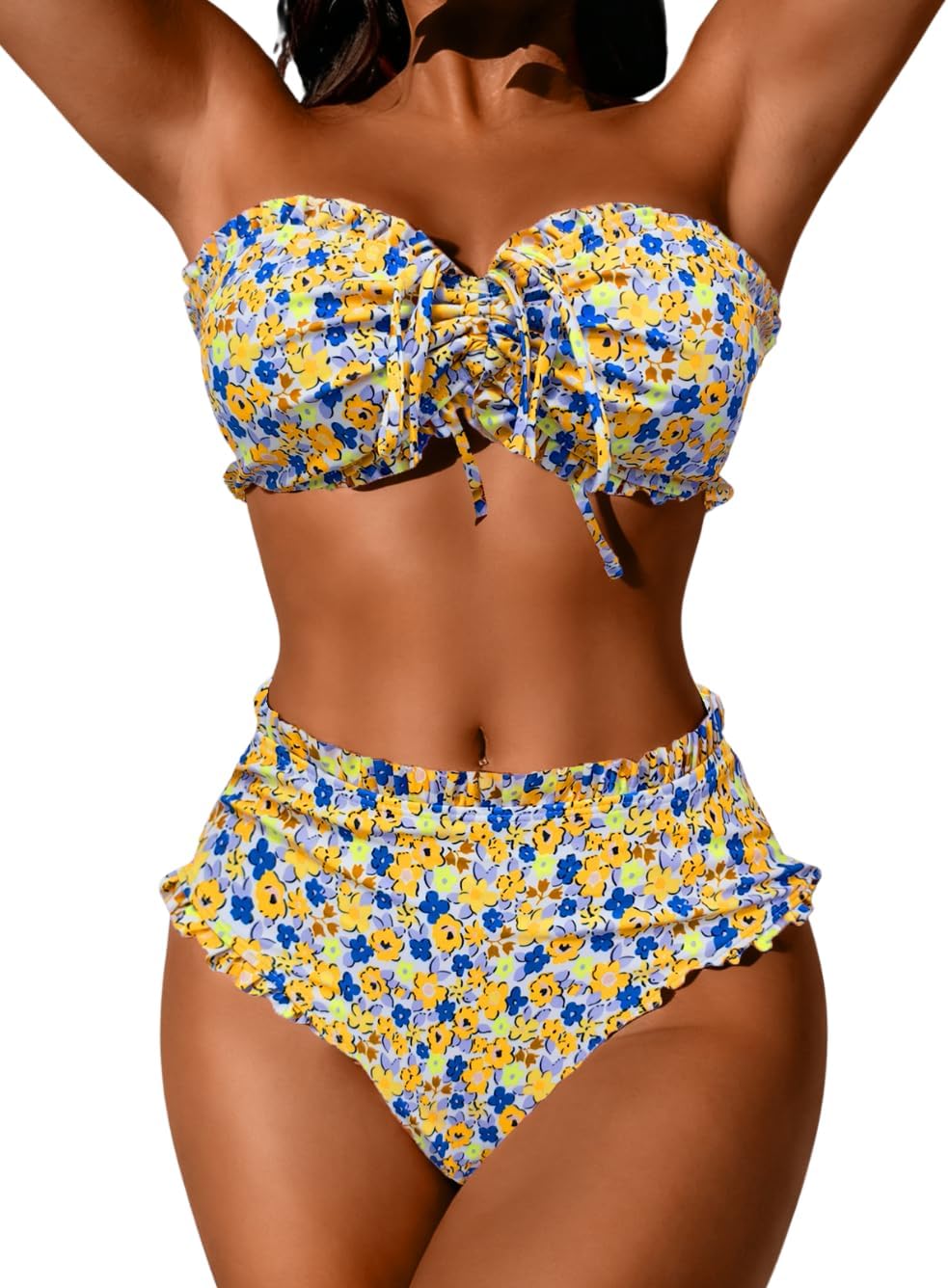 ShawGobow Boho Bandeau Bikini Sets,Floral Ruffle High Waisted Bikinis for Women,2 Piece Swimsuits Beach Pool Party