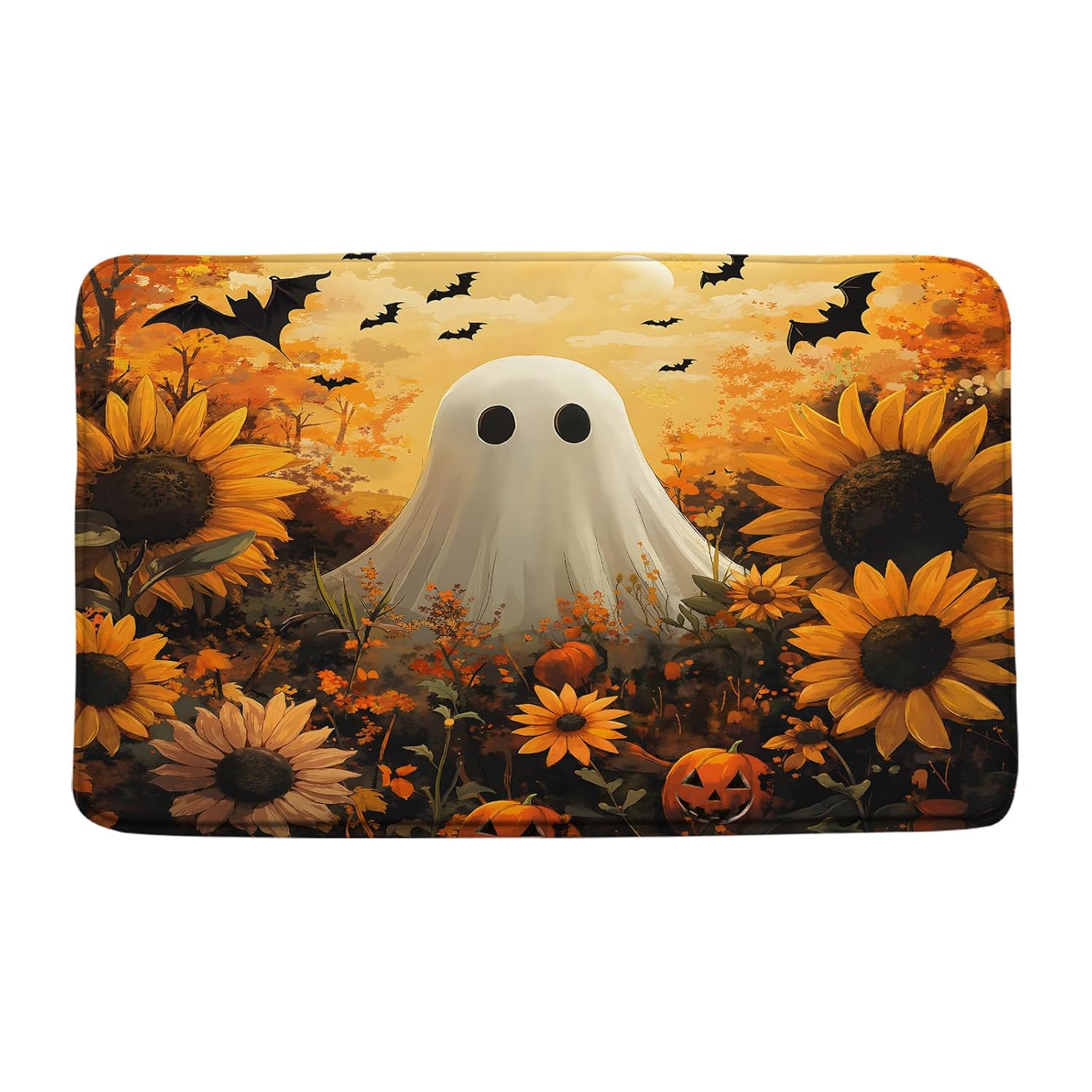 Halloween Ghost Bath Mat Sunflower Pumpkin Spooky Bat Autumn Festival Fall Orange Bathroom Kitchen Memory Foam Rug 18x30