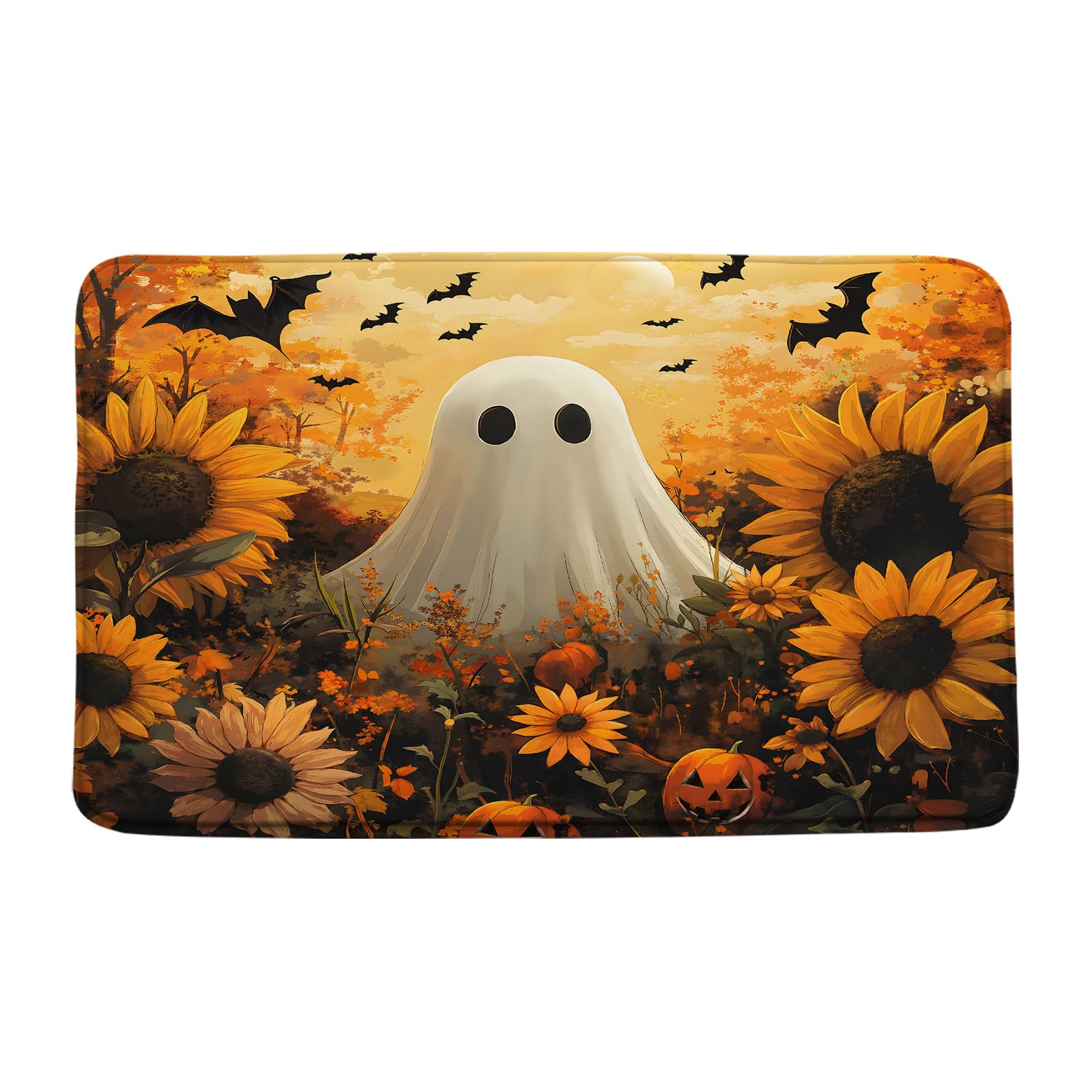 Halloween Ghost Bath Mat Sunflower Pumpkin Spooky Bat Autumn Festival Fall Orange Bathroom Kitchen Memory Foam Rug 18x30