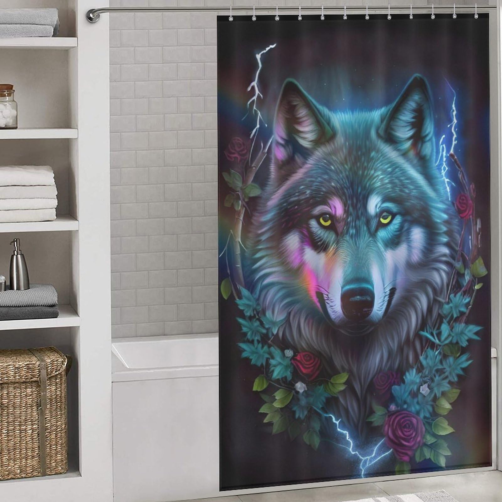 Rideau de douche loup anti-éclaboussures pour sol sec, tissu lavable étanche 140x183cm