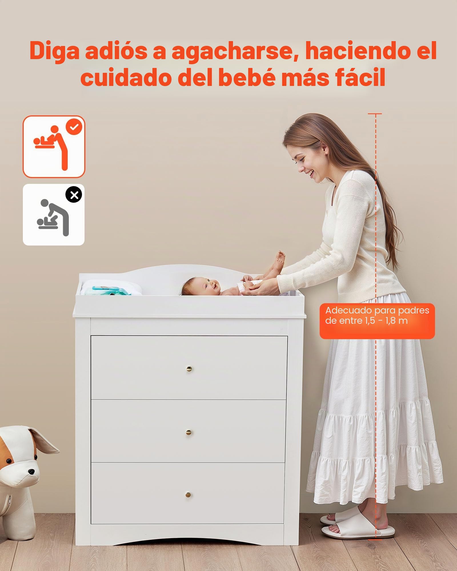 VEVOR Cambiador, Cambiador Moderno y Multifuncional de Pañales para Bebé 462 x 851 x 1010 mm con 3 Cajones y Organizador de Almacenamiento, Carga de 45,36 kg para Habitación Infantil, Blanco