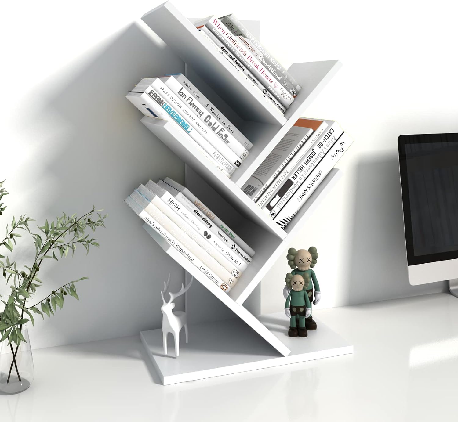 Godferyxin Desk Bookshelf,Small Book Shelf for Desktop,White Floor Standing Bookcase, Wood Book Organizer for Desk,Mini Bookcases Office Home School Shelf Display for Cd/Magazine-White