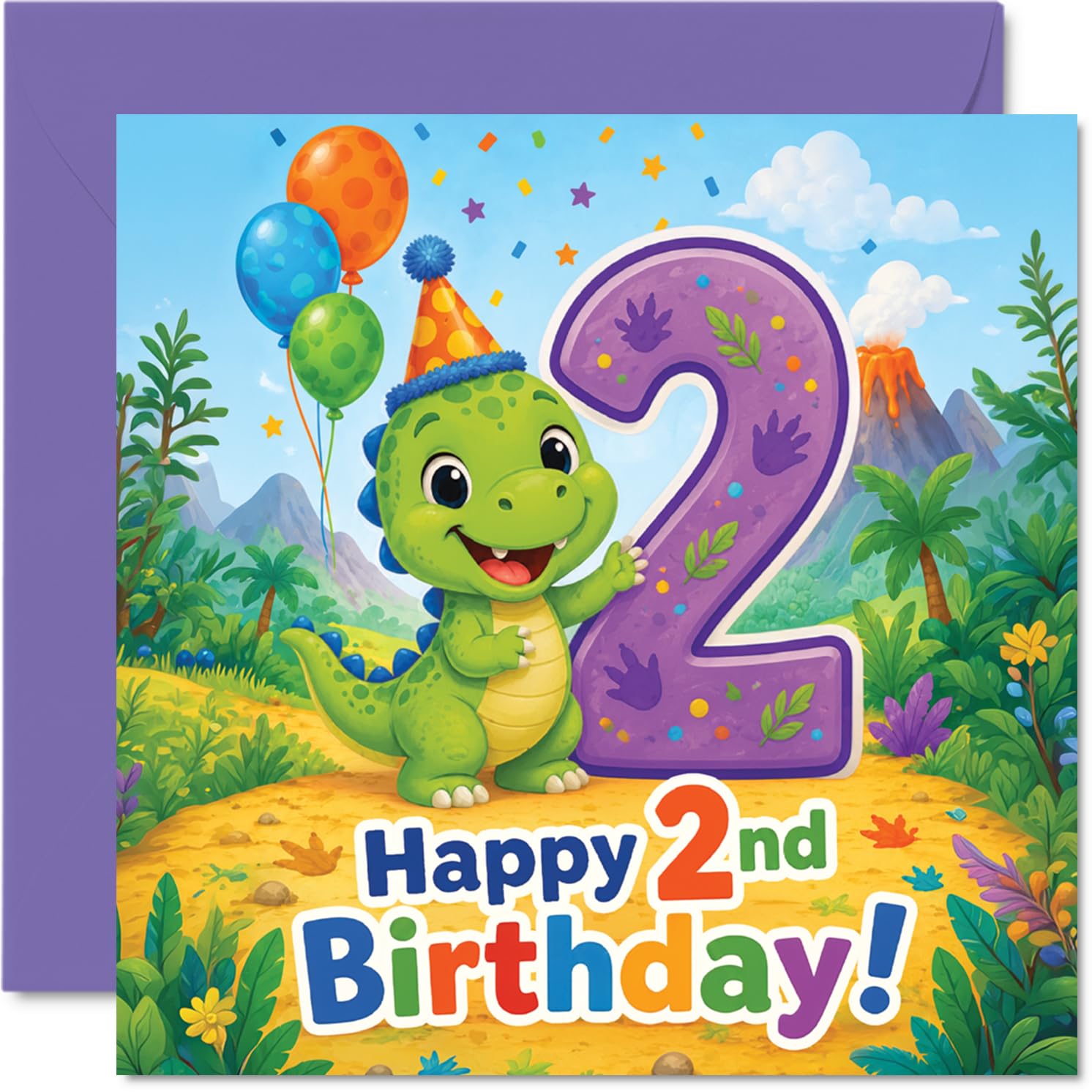 Playful 2nd Birthday Card - Roaring into Two - Colourful Dinosaur Party with Balloons, Confetti and Jungle Fun - 145mm Square, Envelope Included