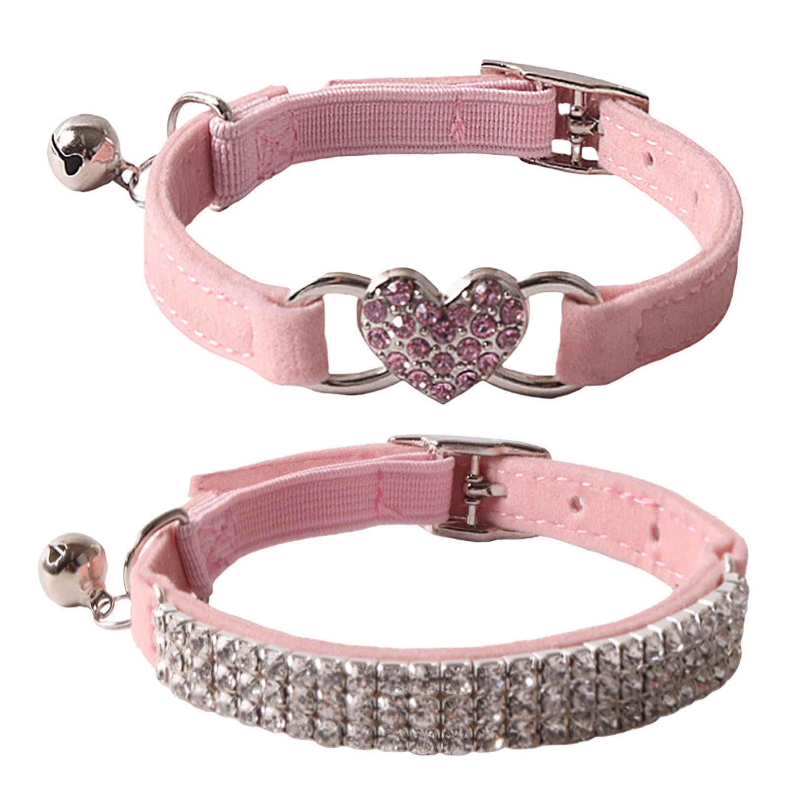SLEEKEE Collares para Gatos De 2 Piezas, Collares para Perros Y Gatos con Diamantes De Imitación, Collares para Gatos con Cascabeles, Lindos Collares para Gatitos, Collares Ajustables para Gatitos
