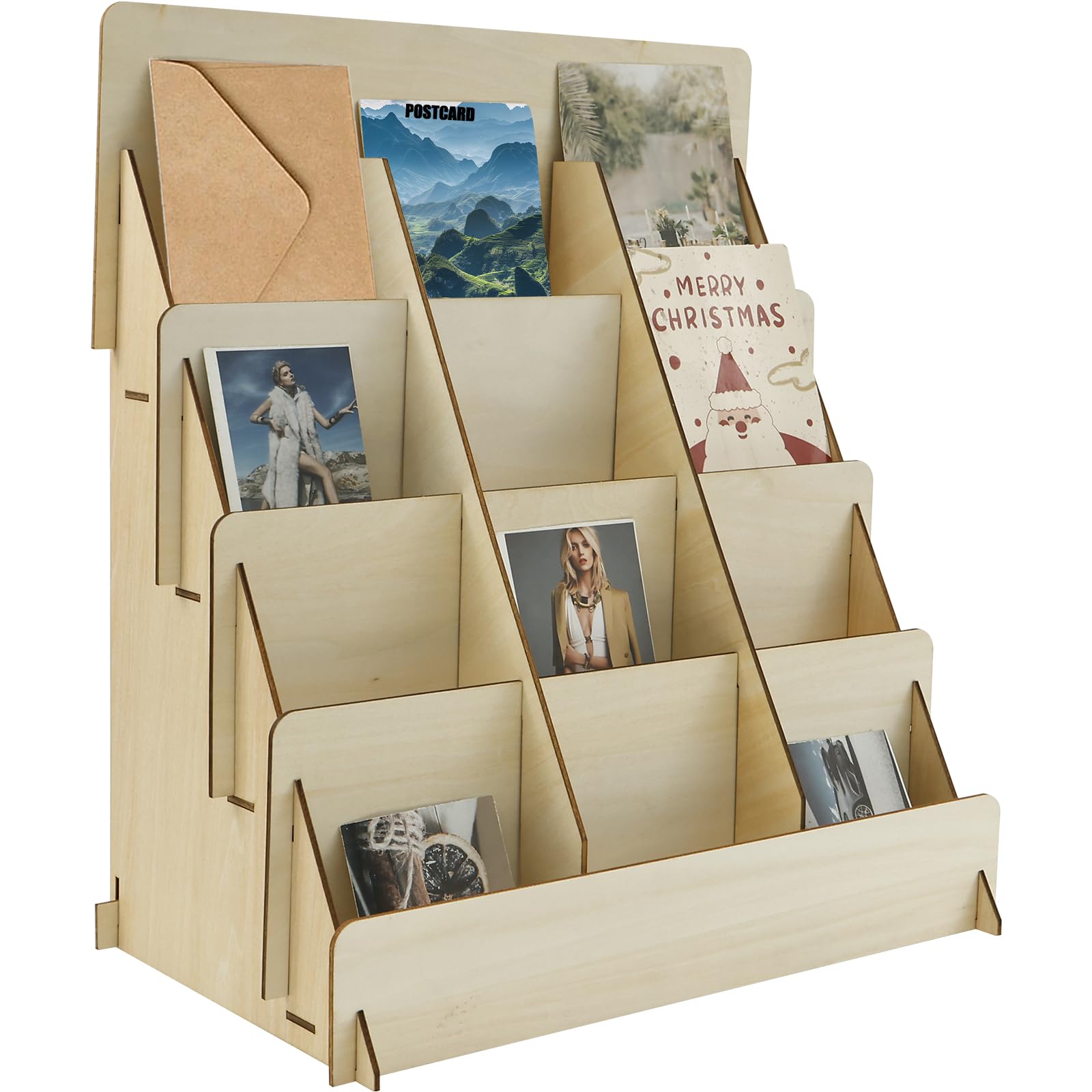 Ghshanog Natural Wood Greeting Card Display Stands,4 Tier Wood Sticker Display Racks,Multi-Purpose Counter Retail Display Rack,12 Compartments Brochure Holder Stand For Birthday Card, Bookmarks, Postcard,Photos