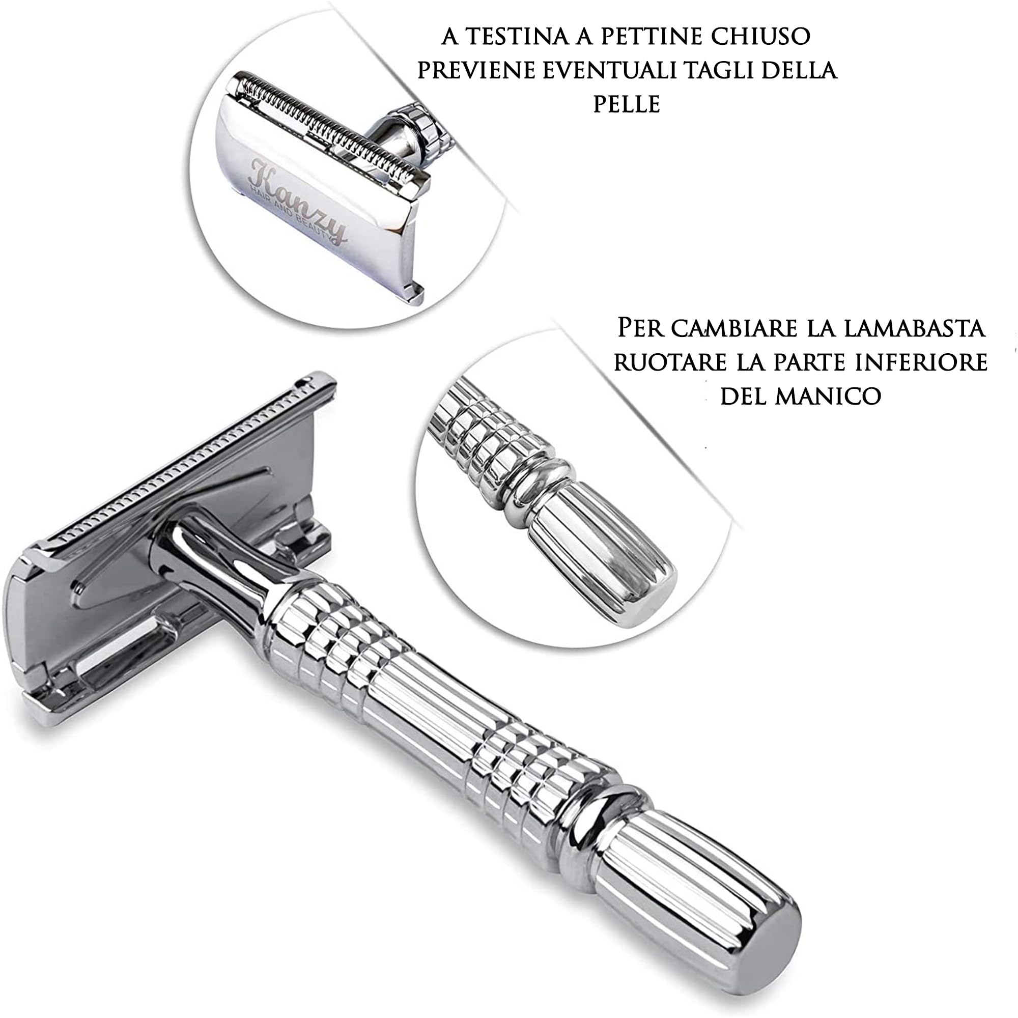Kanzy Rasoio di Sicurezza a Doppio Filo per Barba con 10 lame Rasoio Manuale Classico Manico Cromato Safety Razor