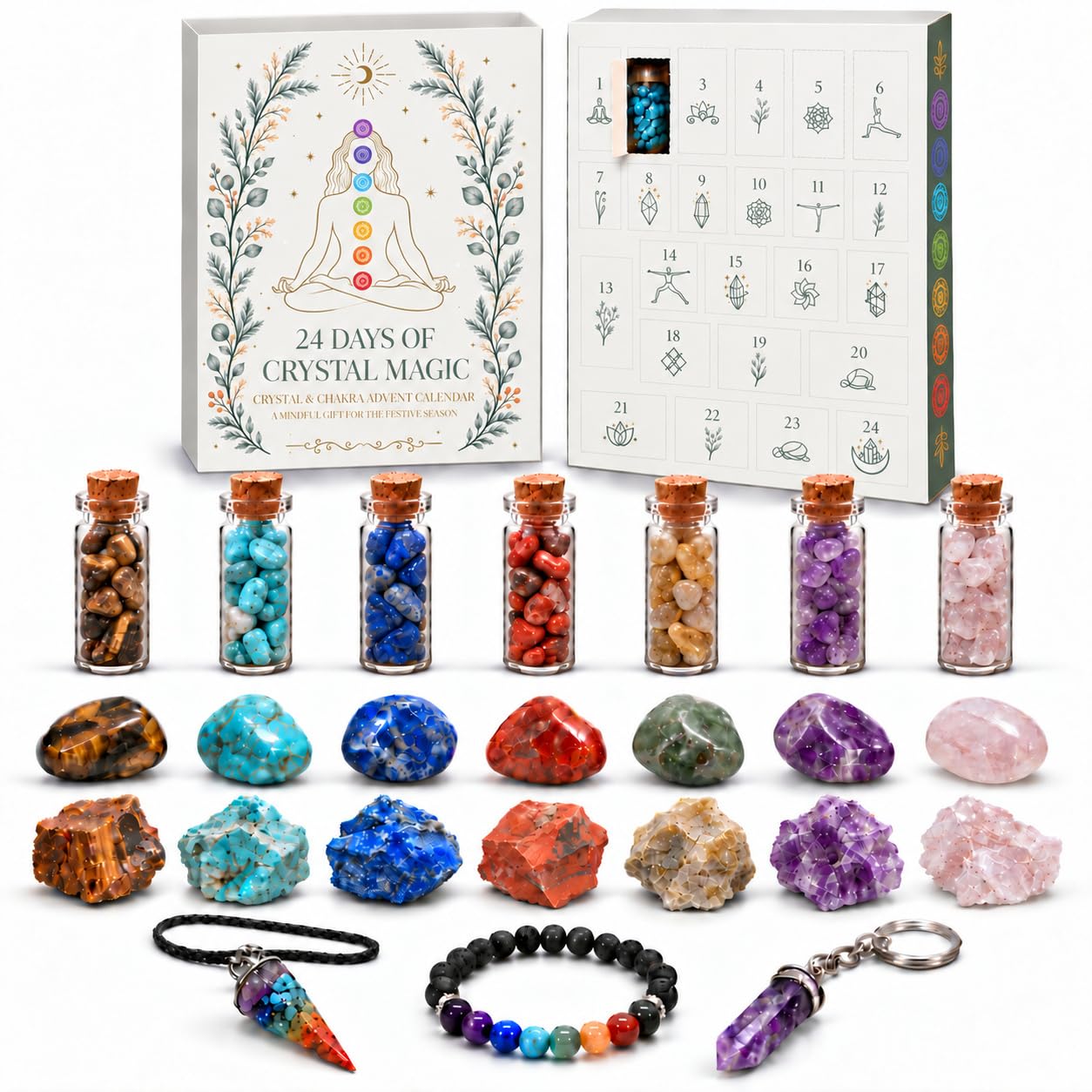 Crystal Advent Calendar 2026, 24 Days of Crystal & Gemstone Surprises, Chakra Christmas Countdown Gift Set with Tumbled Stones, Raw Crystals, Mini Bottles & Accessories, Gifts for Women & Men
