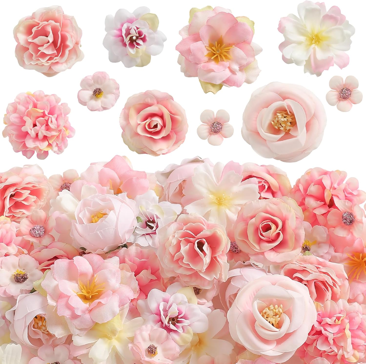 Artificial Silk Flower Heads for Crafts – Faux Roses, Daisies, & Mini Floral Heads Bulk for Wedding, Graduation Cap, Cake Topper, Summer Party Decorations (Pink 2)