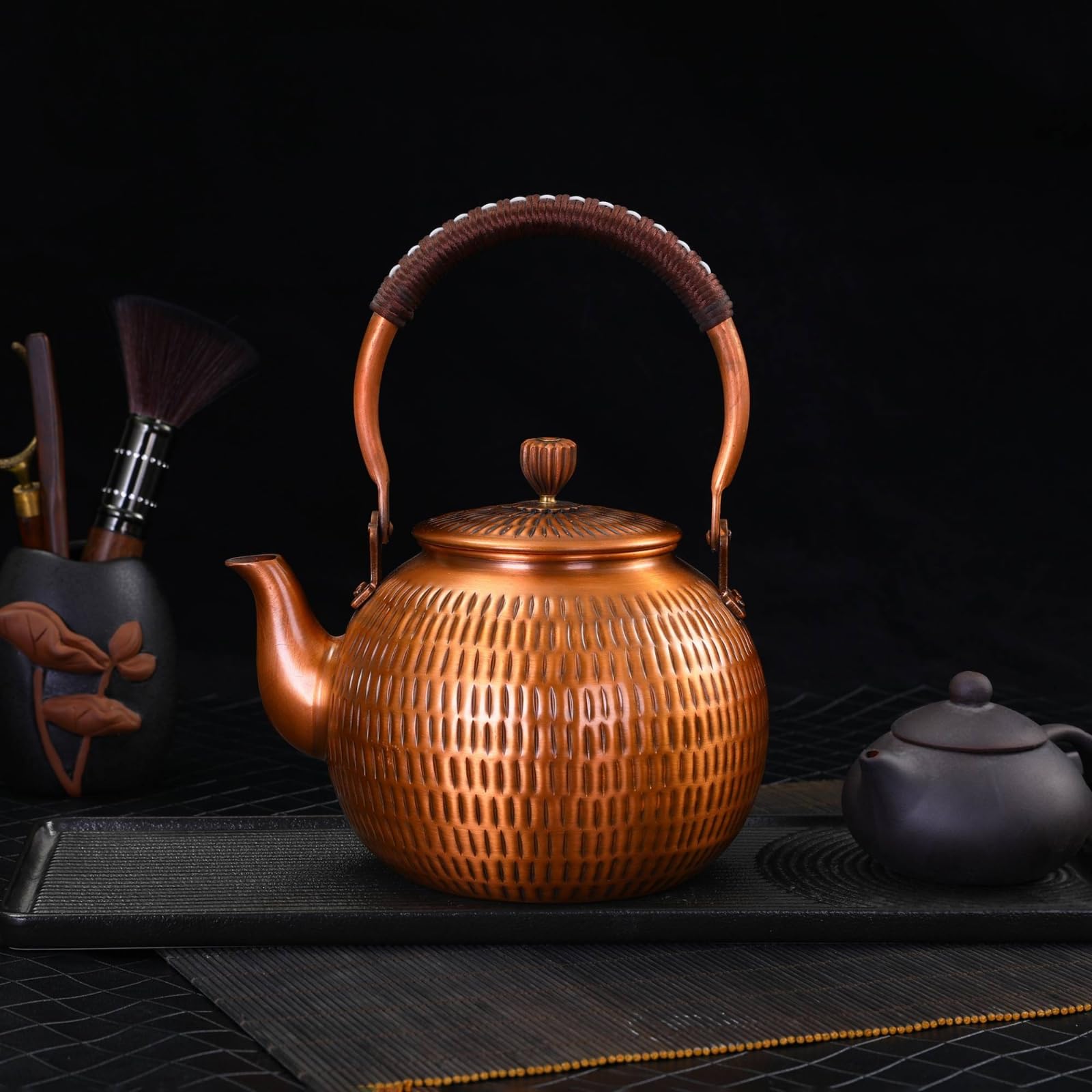 Tetera Cobre Compacta Tetera con Tapa Ergonómico Vajilla para Aficionados Al Té, 1300, Grabado Vertical