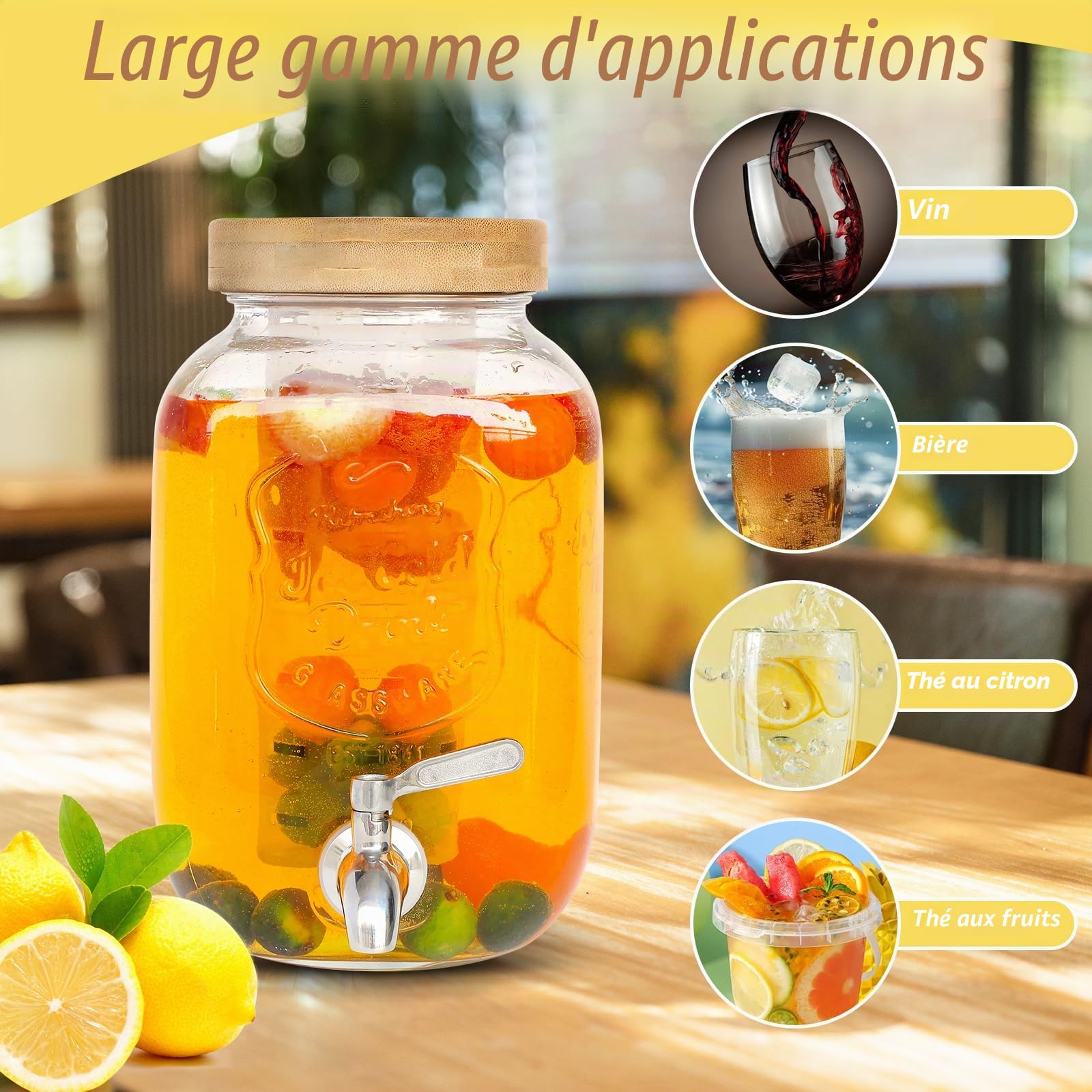 Lot de 2 distributeurs de boisson, 4 l, avec support, en verre avec robinet en acier inoxydable massif, pour jus glacé, eau, boissons maison, fêtes, mariages