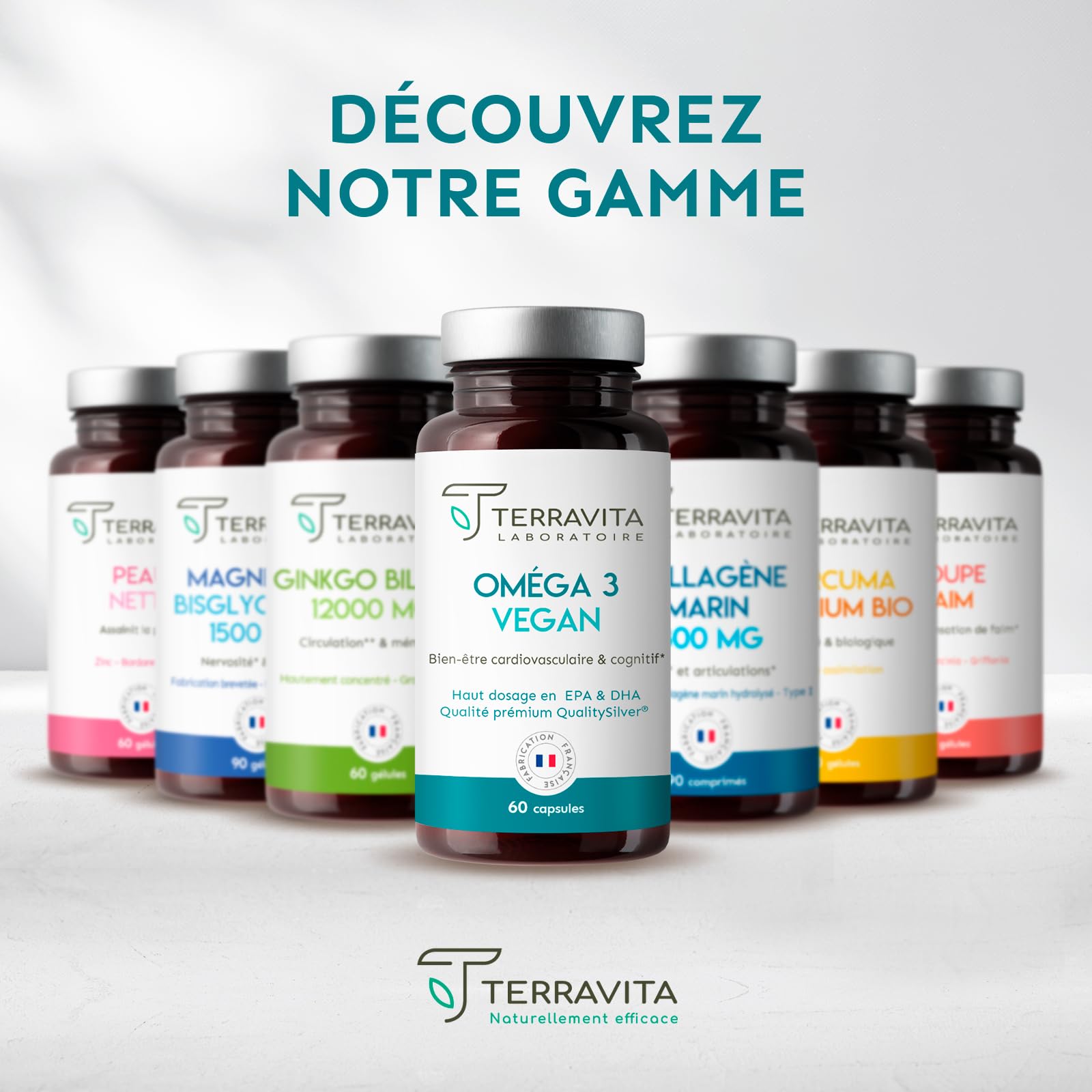 Oméga 3 Vegan | Huile Brevetée OmegaVie® issue de la microalgue Schizochytrium | 250 mg de DHA et 125 mg d’EPA par Capsule | Garantie sans Métaux Lourds | 60 Capsules | Made in France | Terravita