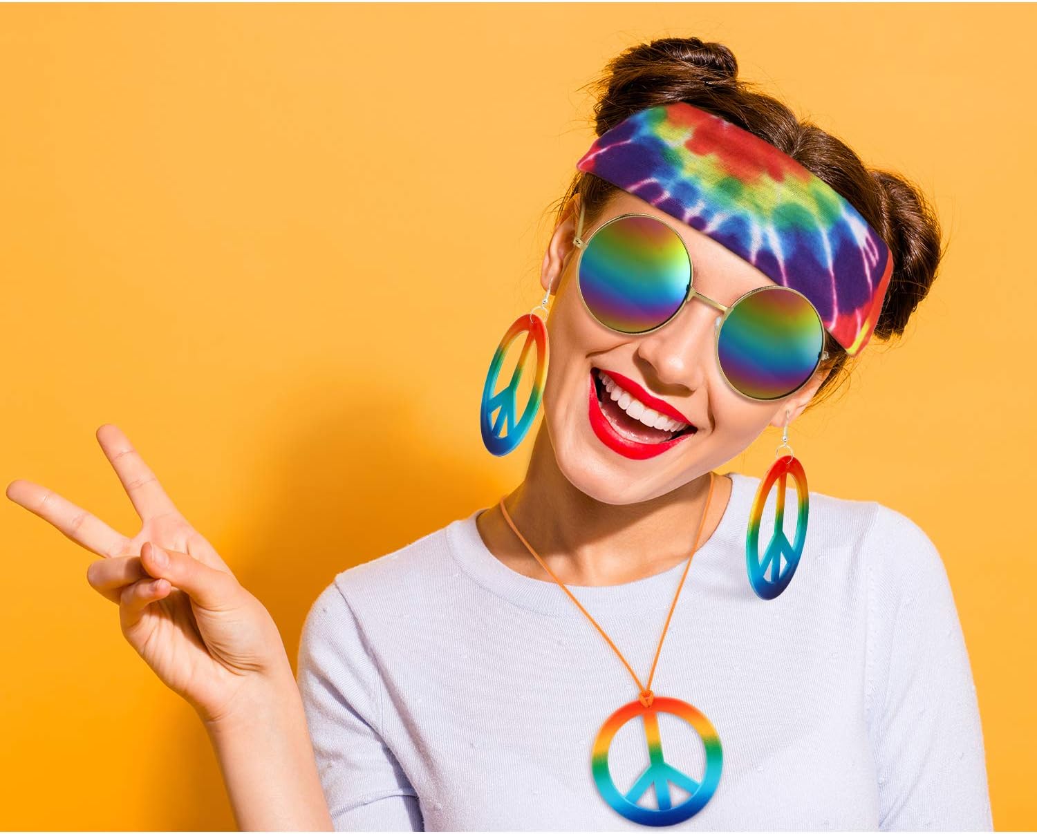 Hicarer 4 Pieces Hippie Costume Accessories Set Include Peace Sign Earring,Necklace,Sunglasses and Tie Dye Headband Hippie Accessories for Women Men 60s 70s Carnival Party Groovy Girls - Image 7