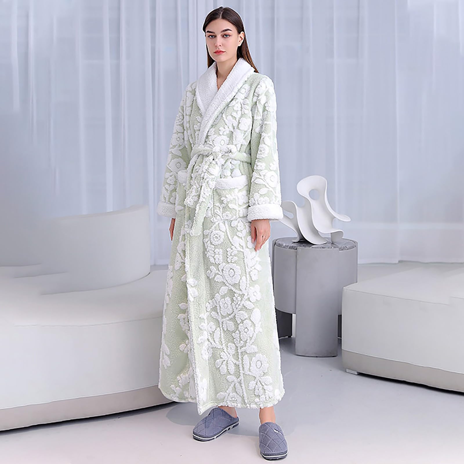 Generisch Albornoz para mujer de forro polar de rizo, traje de casa, térmico, mullido, largo, de invierno, grueso, bata de baño, ropa de casa, traje de ocio con bolsillos