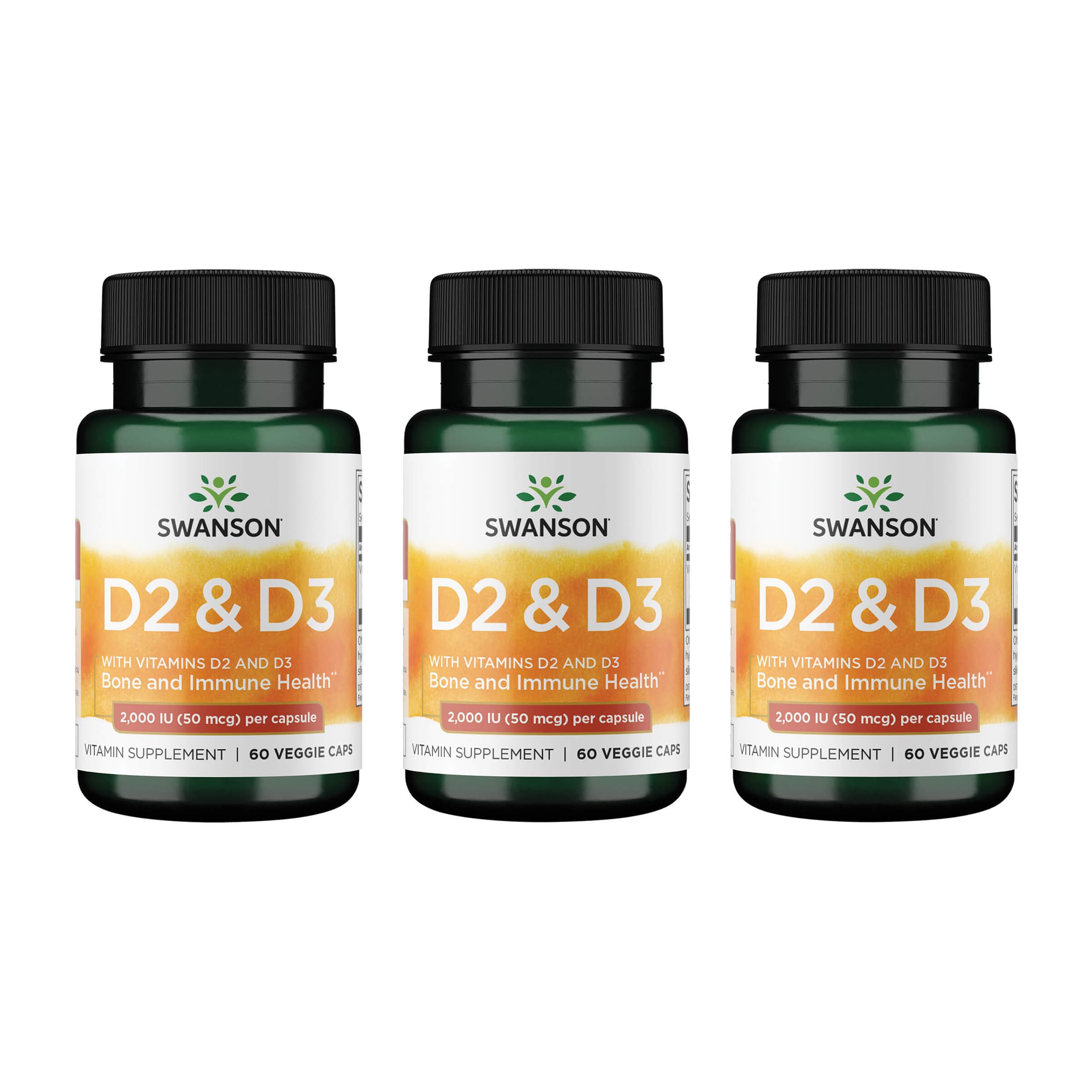 Swanson D2 and D3 2,000 IU Bone Health, 60 Veggie Capsules, 3 Pack 60 Count (Pack of 3)