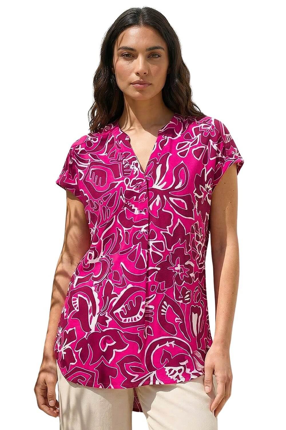 Roman Short Sleeve Shirt for Women UK Ladies Tunic Top Summer Blouse Casual Smat T-Shirt Spring Work Cocktail Party Going Out Special Occassion Holiday V-Neck - Floral Neon Pink - Size 10