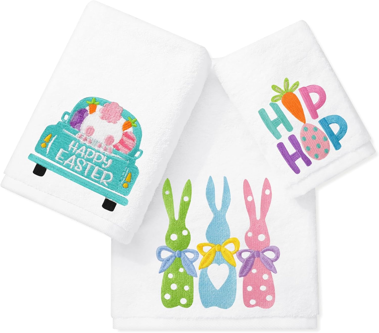 JarThenaAMCS Easter Rabbit Bathroom Towels Set of 3 Cute Bunny Truck Cotton Embroidered Towels Hip Hop Spring Hand Towel for Kitchen Dish Drying Cleaning Cooking