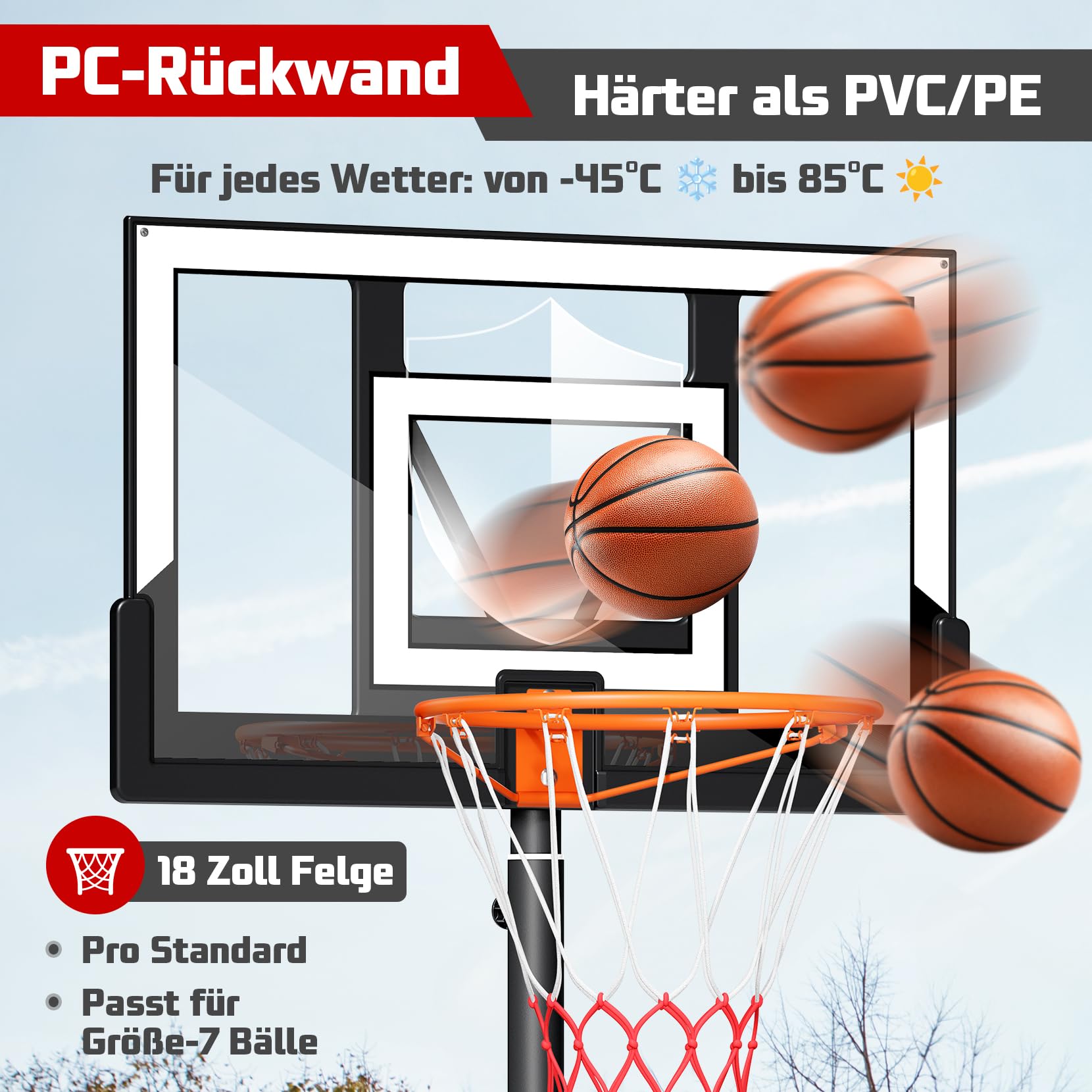 Basketballkorb Outdoor Höhenverstellbar 100-305cm mit Ständer Bruchsichere Rückband Wetterfest Netz