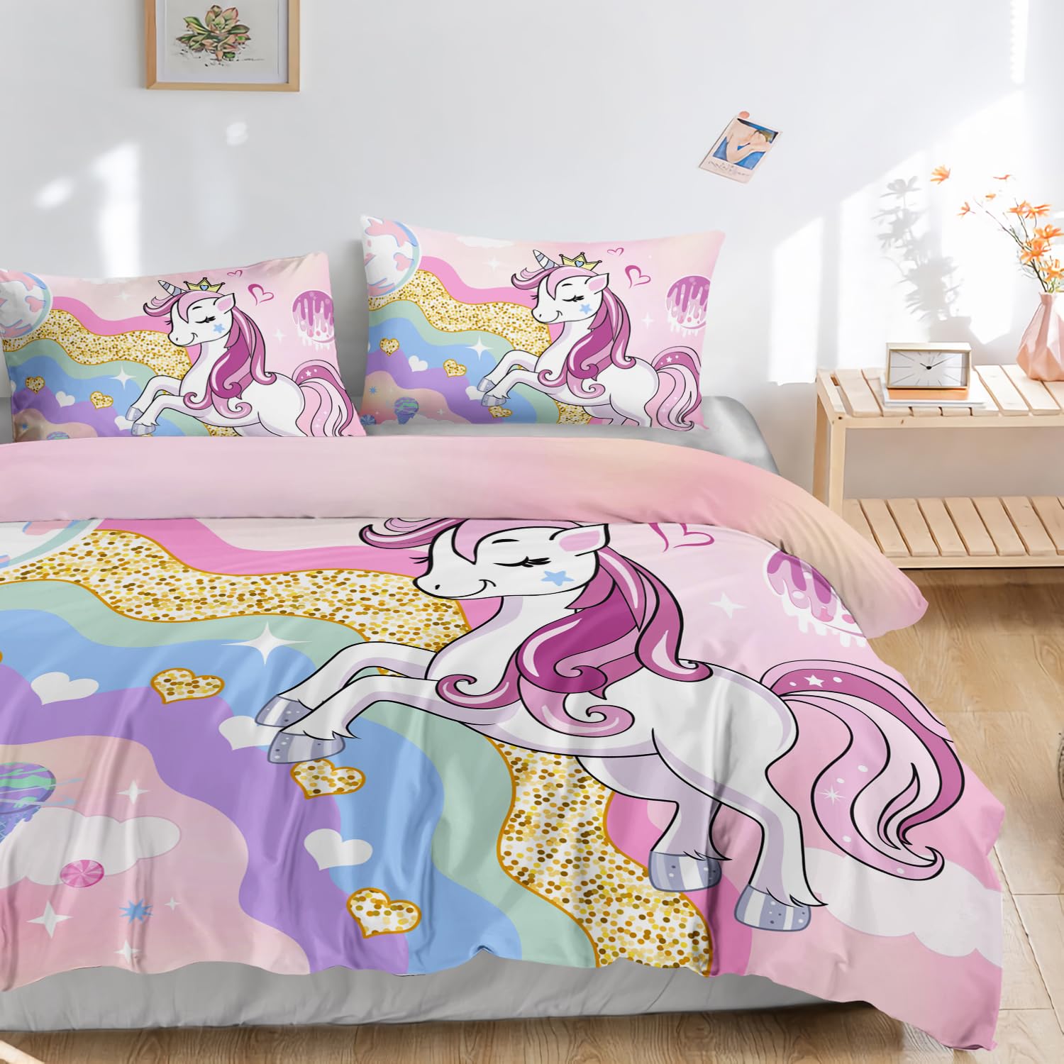 3D Gedruckt Einhorn Bettwäsche, Bunte Bettwäsche Set Geeignet für Kinder/Mädchen/Erwachsene bettwäsche 135 * 200cm,80 * 80cm*1 EDBTTAF021