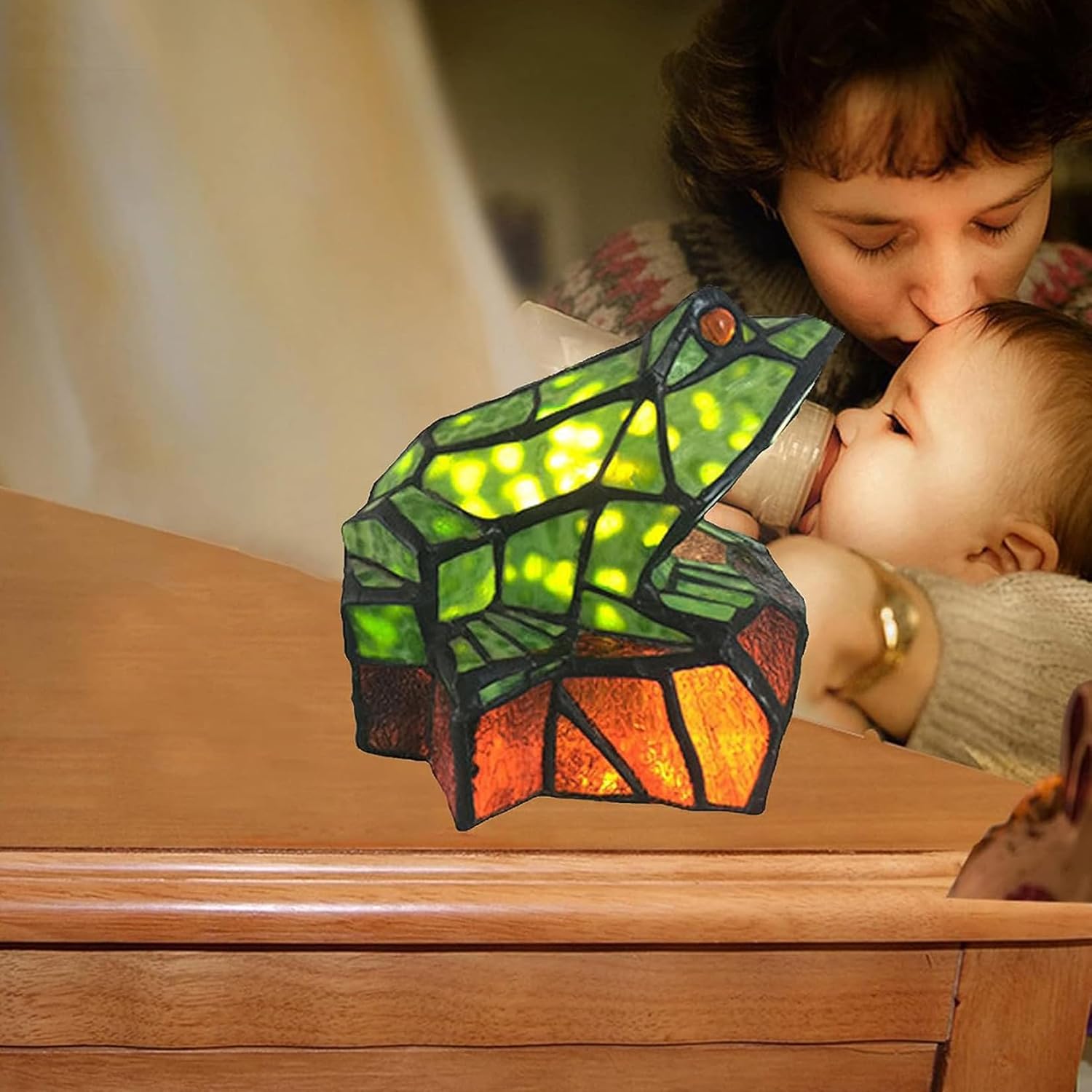 Tiffany Frog Rock Accent Lamp, Stained Glass Shade Bedroom Bedside Table Lamp Night Light for Kids, Green Colourful Decoration Lamp LED Night Lamp for Children Home Décor Nursery,1