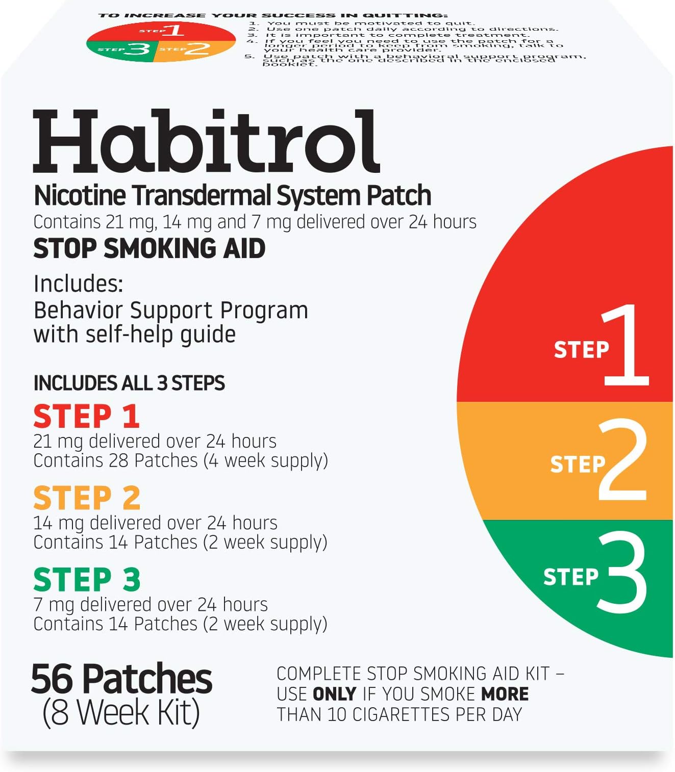 Nicotine Transdermal System Patch | Stop Smoking Aid | Steps 1, 2, and 3 (21, 14, and 7 mg) | 56 Patches (8 Week Kit)