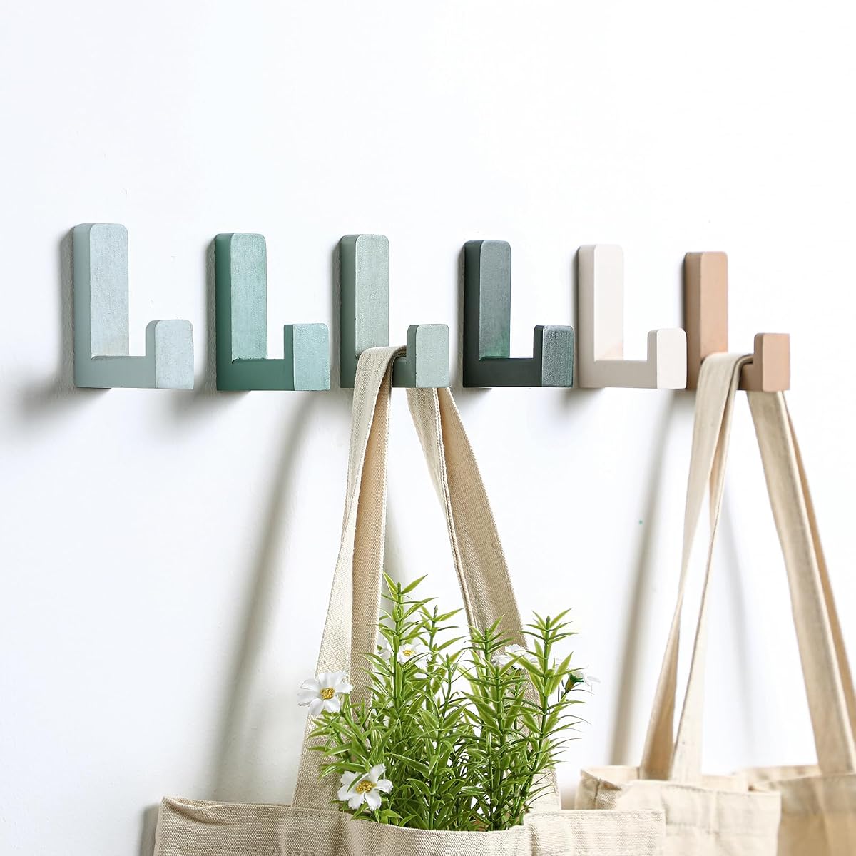 Teenyyou 6 Pack Cute Kids Coat Wall Hooks Wooden Adhesive Decorative Colorful Wall Mounted Hangers Backpack Hooks for Hanging Keys Towel Clothes Bathroom Organization(Green,6 Pcs)