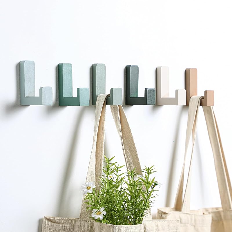 Teenyyou 6 Pack Cute Kids Coat Wall Hooks Wooden Adhesive Decorative Colorful Wall Mounted Hangers Backpack Hooks for Hanging Keys Towel Clothes Bathroom Organization(Green,6 Pcs)