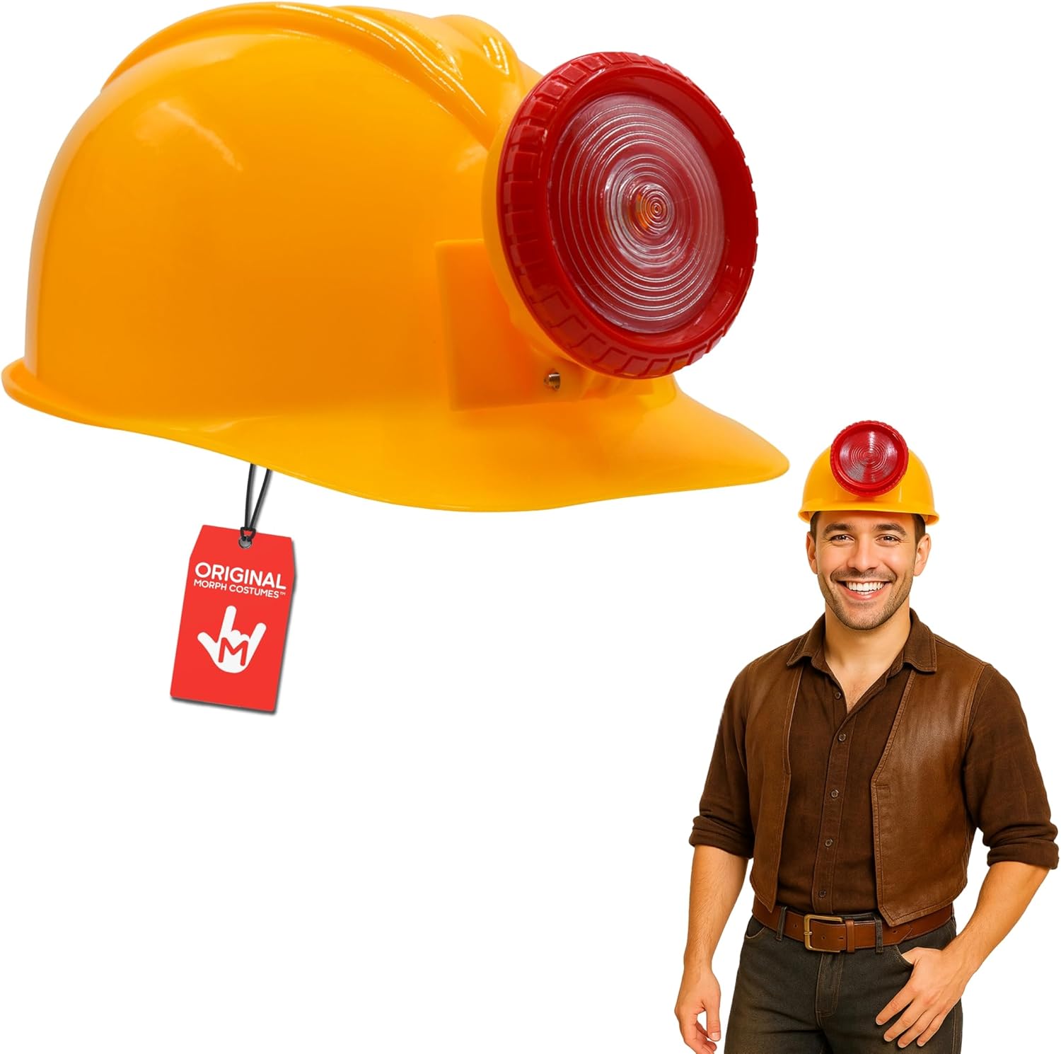 Nicky Bigs Novelties Morph Yellow Hard Hat With Light Gold Digger Miner Helmet with Lights – Adjustable Size Fits All Adult Fake Construction Hat With Light– Funny Cosplay Worker Costume Accessory