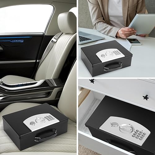 Miniatura 8 de Dalmbox Caja de seguridad portátil de metal con bloqueo de código digital, almacenamiento resistente al fuego para documentos, caja fuerte ignífuga,