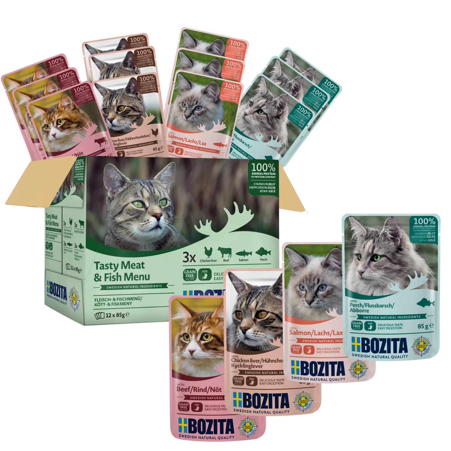 Bozita Nassfutter Häppchen in Gelee mit Fisch und Fleisch- 12x85g Portionsbeutel getreidefreies & weizenfreies Futter für Katzen - Katzennassfutter für Adult-Katzen mit 8,5% Protein & 4,5% Fettgehalt
