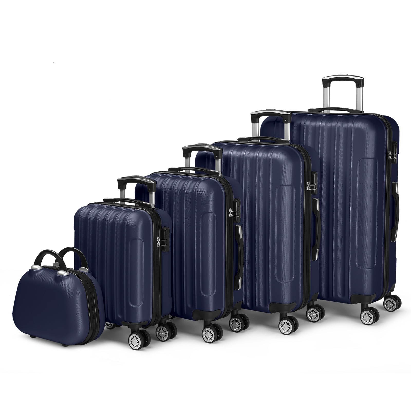 LALAHO Kofferset 5 teilig mit Kosmetikkoffer, Hartschalen Koffer Set aus ABS, Reisekoffer Set, Gepäckset mit Schminkkoffer & Handgepäck, Dunkelblau