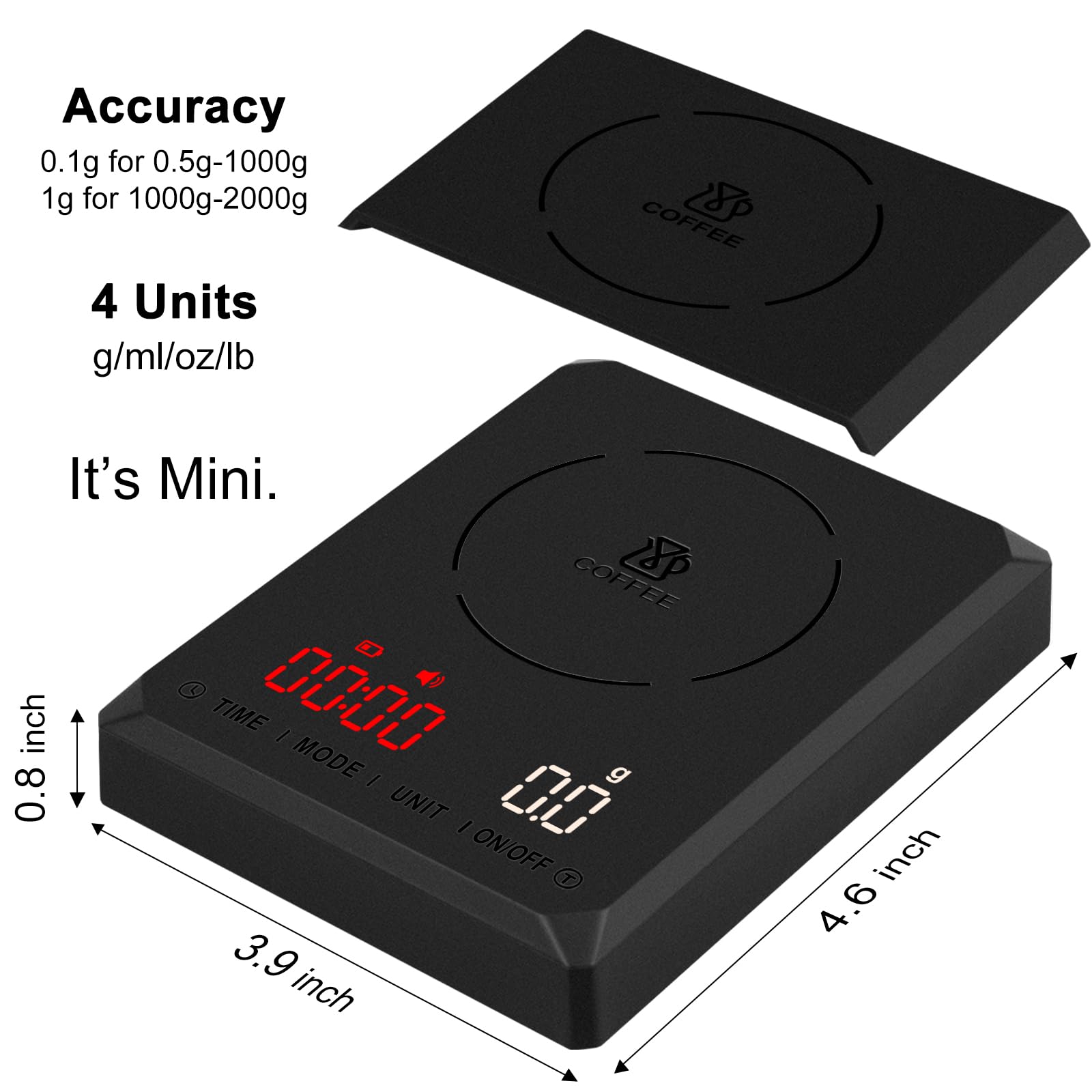 Fuzion Mini Coffee Scale with Timer - Espresso Scale Rechargeable 2kg x 0.1g Accuracy, 3-Mode Timer, LED Display, Digital Coffee Scale for Pour-Over, Espresso, Kitchen Use