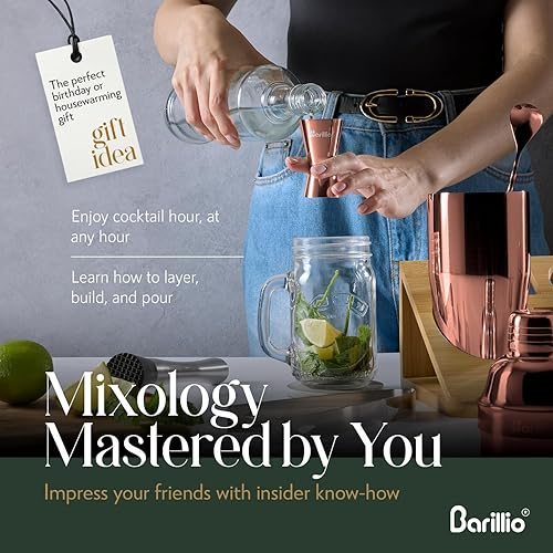 Miniatura 21 de Barillio Gold Bartender Kit – Juego de coctelera de acero inoxidable con soporte de bambú – Herramientas de barra de mixología con coctelera, Dorado