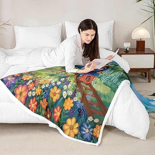 Miniatura 3 de Cartoon Train Fleece Flannel Blanket,Retro Car Vehicle Bed Sofa Couch Blanket,60"x80",Watercolor Blooming Flowers Fuzzy Soft Fleece Throw Blankets