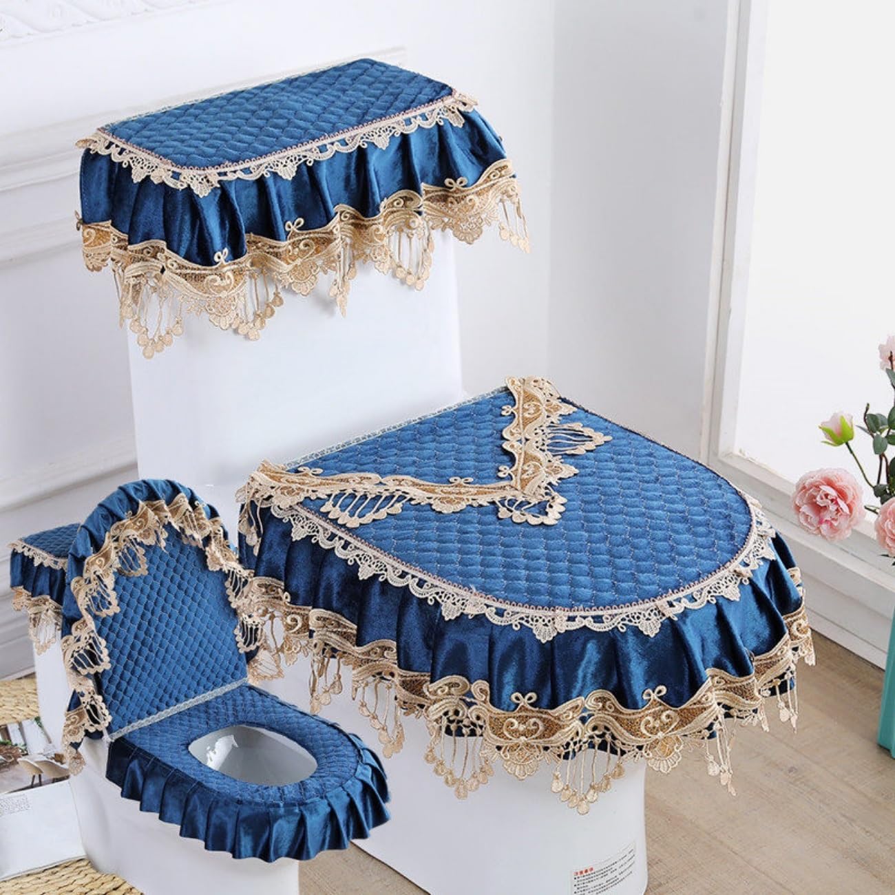 Elegant Toilet Tank Cover And Lid Set, Double Zipper Velvet Toilet Mat Set, Soft Lace Toilet Lid, Tank, Seat Top Cover, For All Seasons(H)