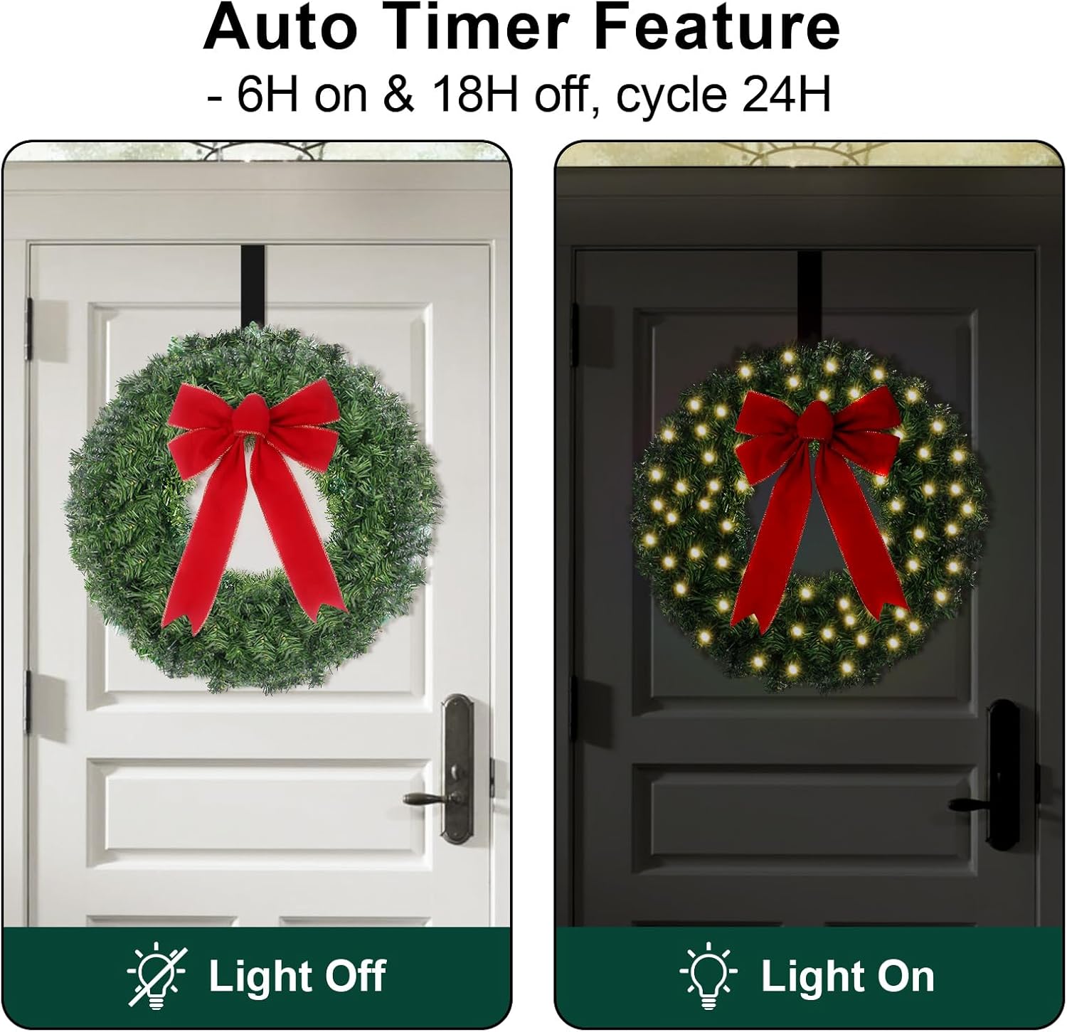24" Prelit Christmas Wreath with Lights - 50 LED with Timer, 8 Lighting Modes, Waterproof Battery Operated Lighted Door Wreath - Including Wreath Hanger and Red Bow for Christmas Outdoor Decorations