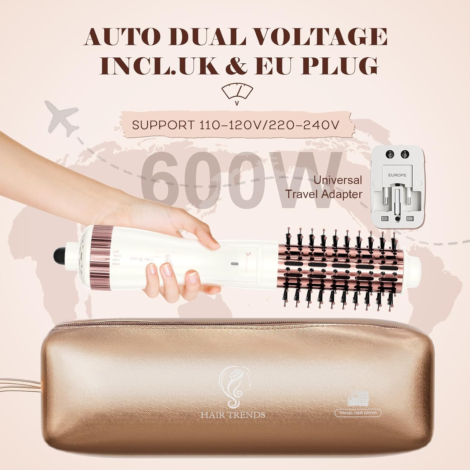 1.5 Inch Barrel (2.8’’ Plus Bristles) Dual Voltage(110~250V) Round Brush Blow Dryer, Hair Dryer Brush with European Plug Adapter, 4-in-1 Negative Ionic One Step Volumizer Dryer - Image 3