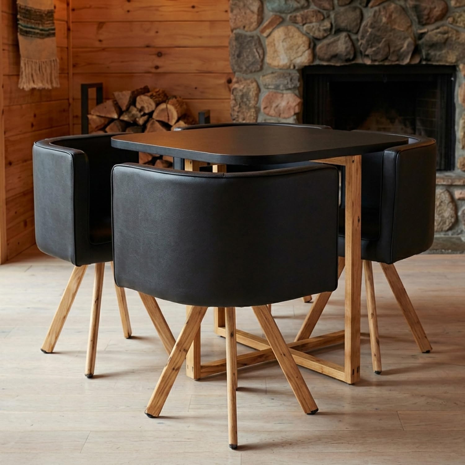 Menzzo Table A Manger Scandinave Oslo avec Chaises Encastrable Revêtement Simili Noir - Pieds Métal Couleur Bois, Assise Moelleuse et Confortable - L90 x P90 x H75 cm